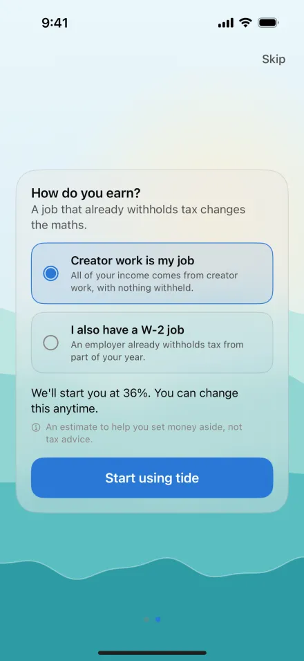 Onboarding asks how you earn and suggests a starting percentage you can change any time.
