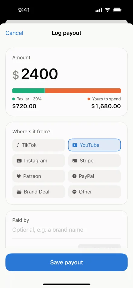 The log payout form: an amount of $2,400 with its split previewed, and buttons for where it came from.