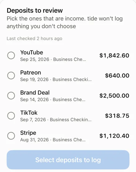 Deposits to review: five deposits from a connected bank, each unticked until you pick it as income.